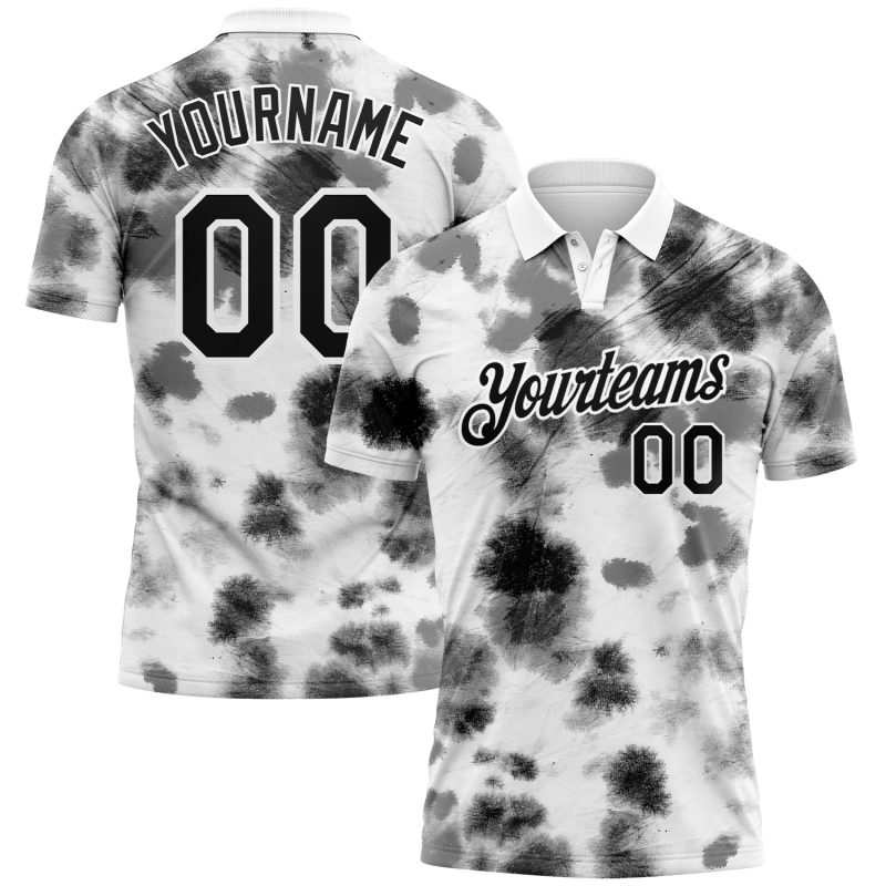 Custom Name and Number Personalized 3D Performance Golf Polo Shirt - Black-White Tie Dye Personalized Tie Dye Black-White