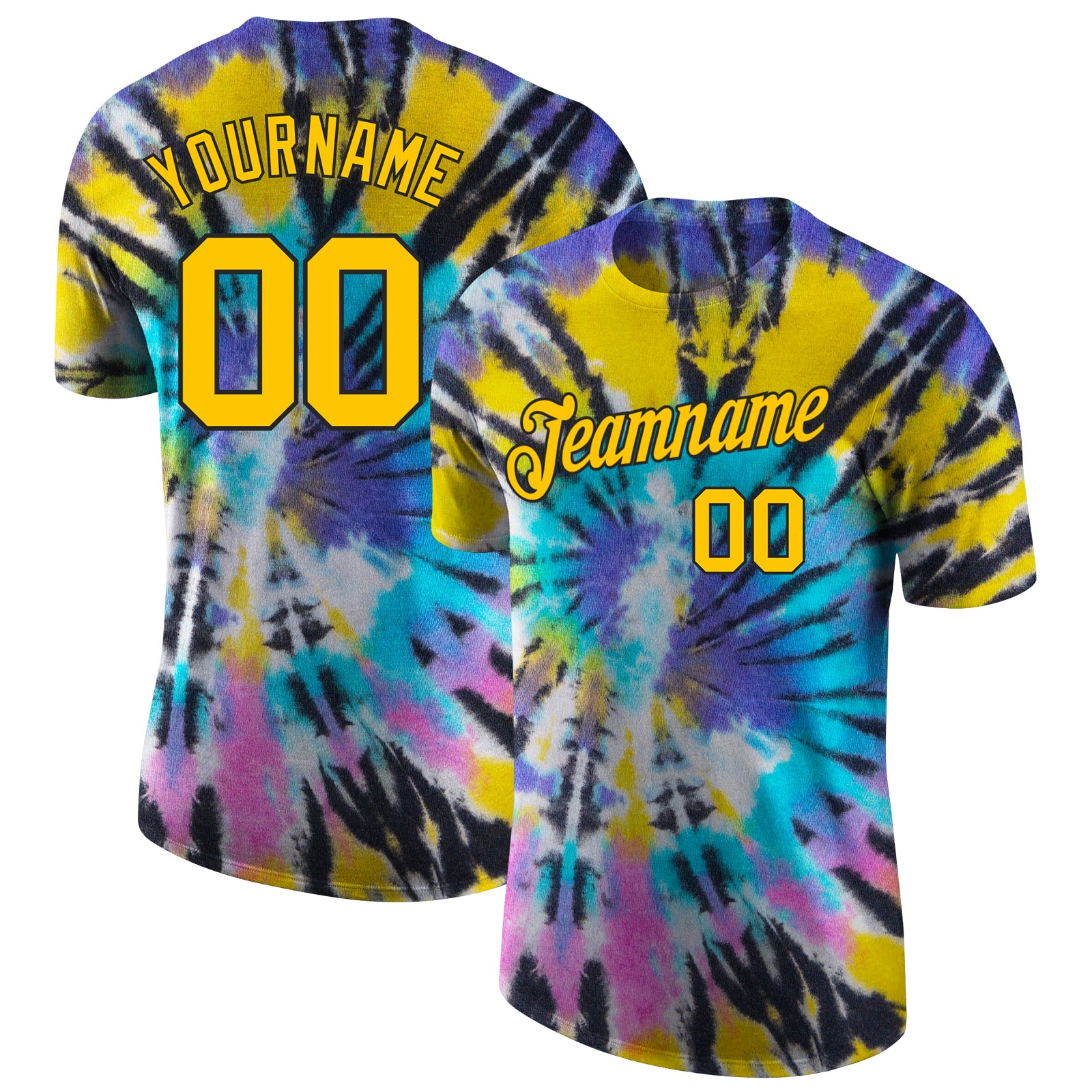 Custom Tie Dye Gold Black 3D Performance T-Shirt with Name and Number - Personalized Team Apparel Personalized Tie Dye Gold-Black