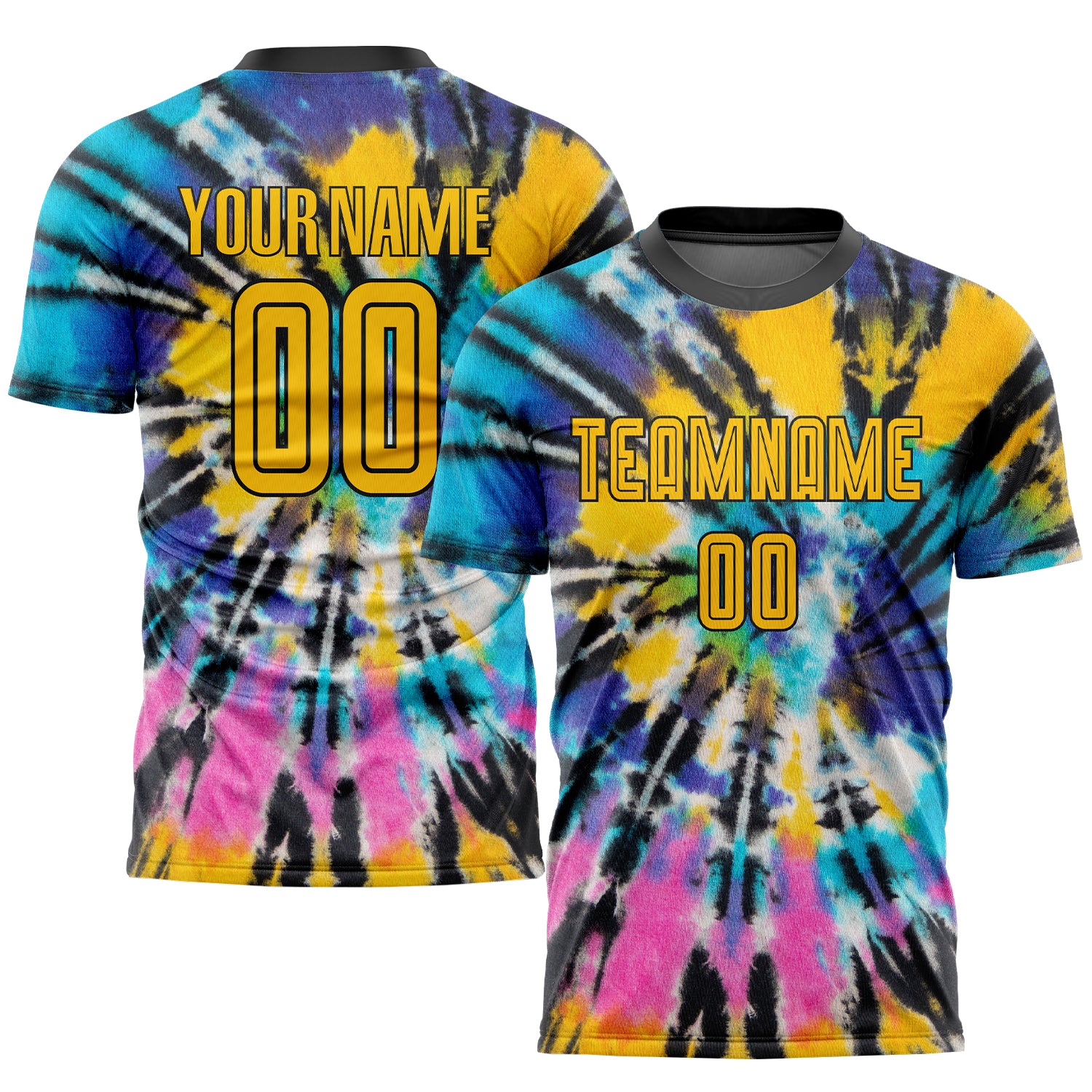 Custom Tie Dye Soccer Jersey with Gold and Black Sublimation, Personalized Name and Number, Team Uniform Personalized Tie