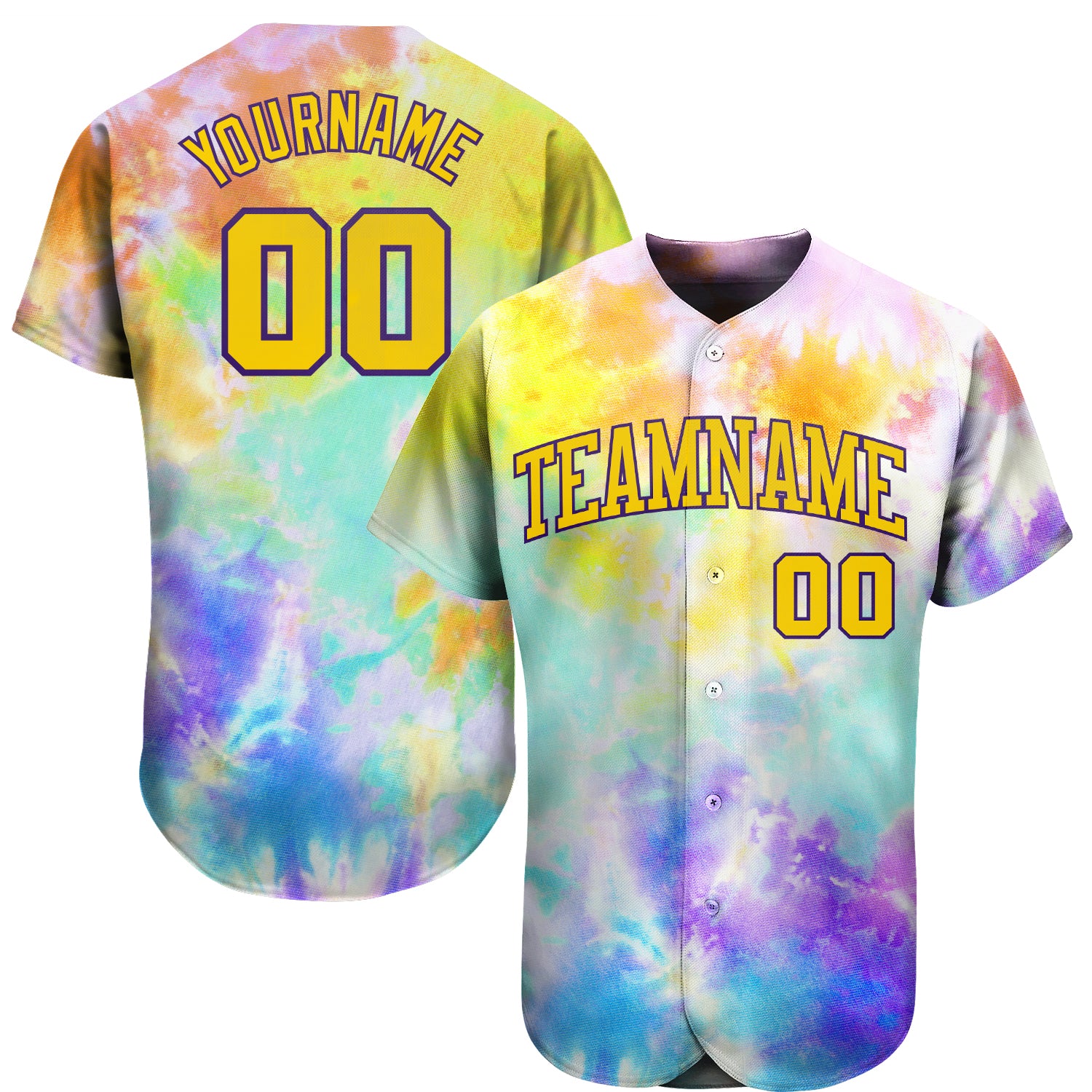 Custom Name and Number Personalized Tie Dye Gold-Purple 3D Baseball Jersey Personalized Tie Dye Gold-Purple 3D Authentic