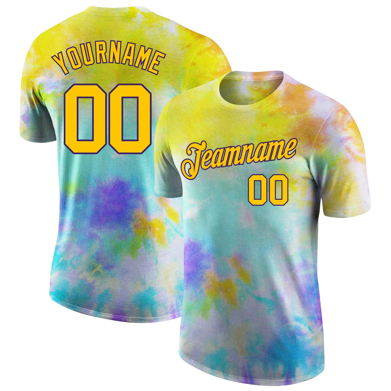 Custom Name and Number Tie Dye T-Shirt in Gold and Purple, 3D Performance Team Apparel Personalized Tie Dye Gold-Purple 3D