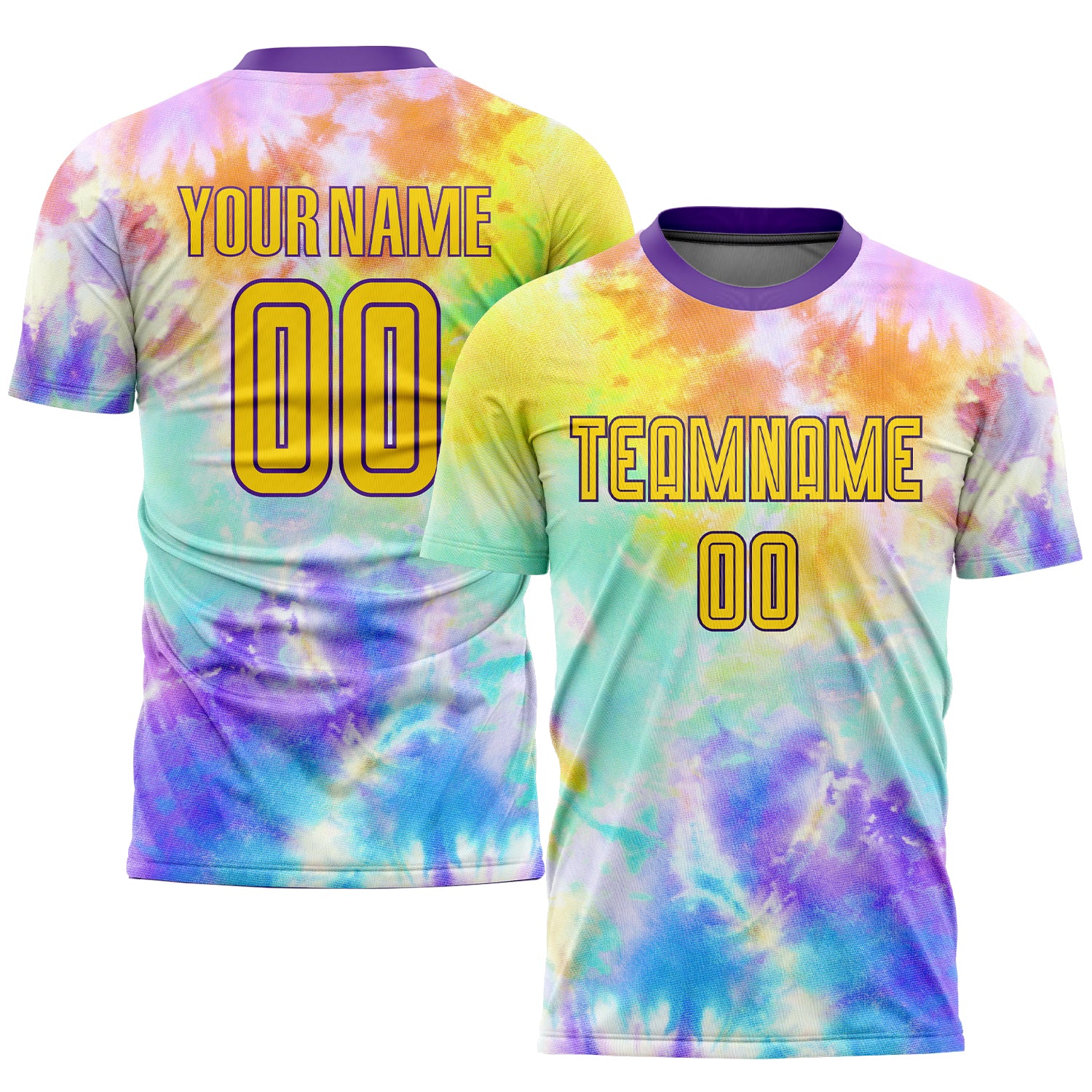 Custom Name and Number Tie Dye Soccer Jersey - Gold-Purple Sublimation Uniform Personalized Tie Dye Gold-Purple Sublimation