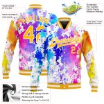 Custom Tie Dye Rainbow 3D Bomber Jacket with Gold-White Design, Personalized Name & Number - Full-Snap Varsity Letterman Jacket