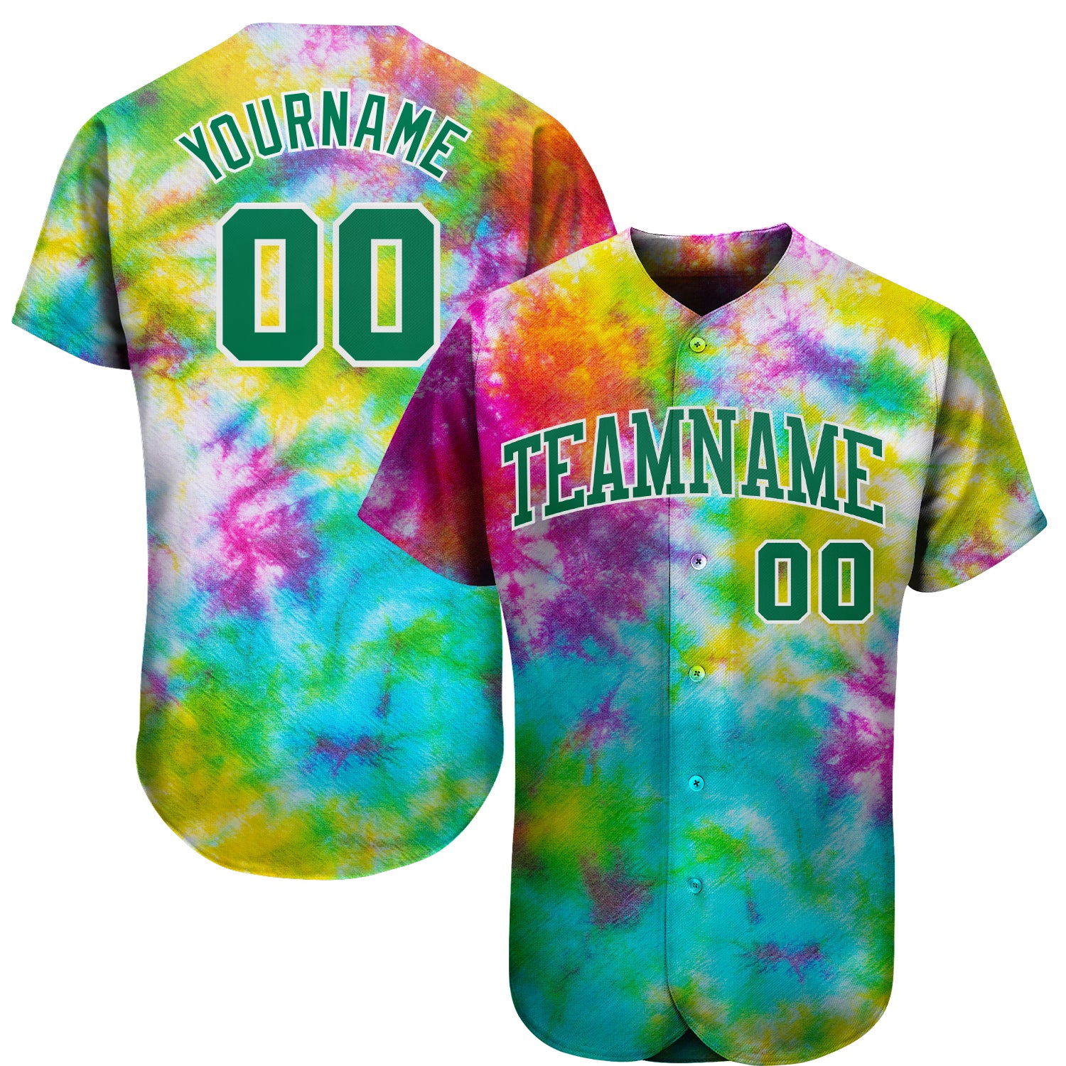 Custom Name Number 3D Authentic Baseball Jersey - Personalized Kelly Green White Tie Dye Design Personalized Tie Dye Kelly