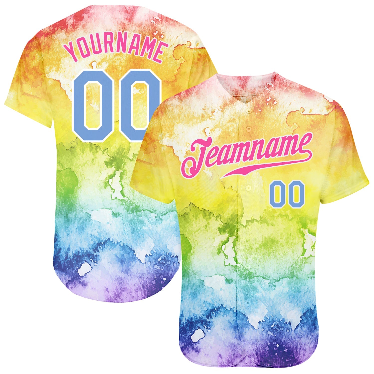 Custom Name Number Tie Dye Baseball Jersey Light Blue Pink 3D Rainbow Design Authentic Team Apparel Personalized Tie Dye