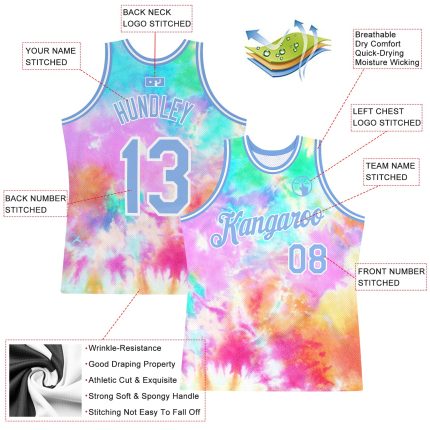 Custom Name and Number Personalized 3D Basketball Jersey Light Blue-White Tie Dye Authentic Design Personalized Tie Dye Light