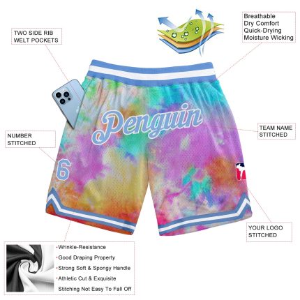 Custom Name and Number 3D Tie Dye Basketball Shorts Light Blue White Authentic Personalized Tie Dye Light Blue-White 3D Authentic