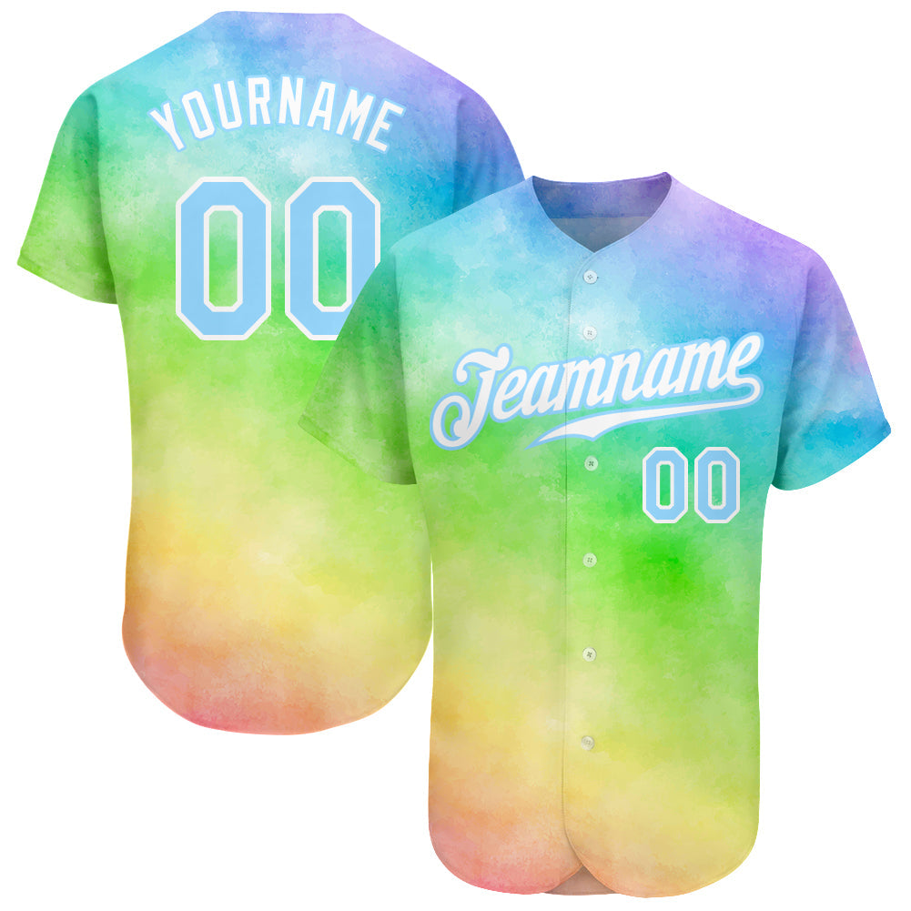 Personalized Light Blue-White 3D Rainbow Tie Dye Baseball Jersey Authentic Personalized Tie Dye Light Blue-White 3D Rainbow