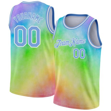 Custom Name Number 3D Rainbow Basketball Jersey Light Blue White Tie Dye Authentic Personalized Tie Dye Light Blue-White