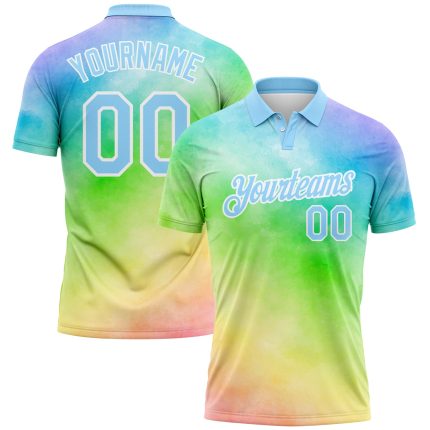 Custom Name and Number Personalized 3D Rainbow Performance Golf Polo Shirt - Light Blue-White Tie Dye Personalized Tie Dye