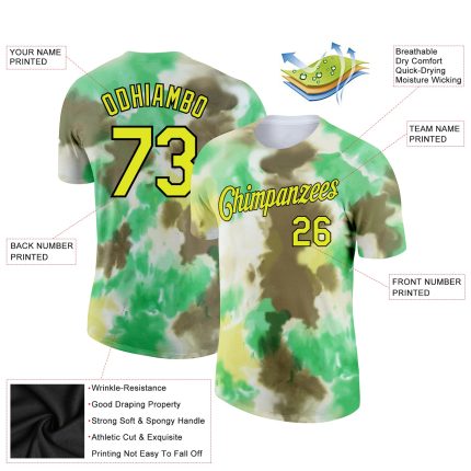 Custom Team Name and Number 3D Performance T-Shirt - Neon Yellow Black Tie Dye Personalized Tie Dye Neon Yellow-Black 3D