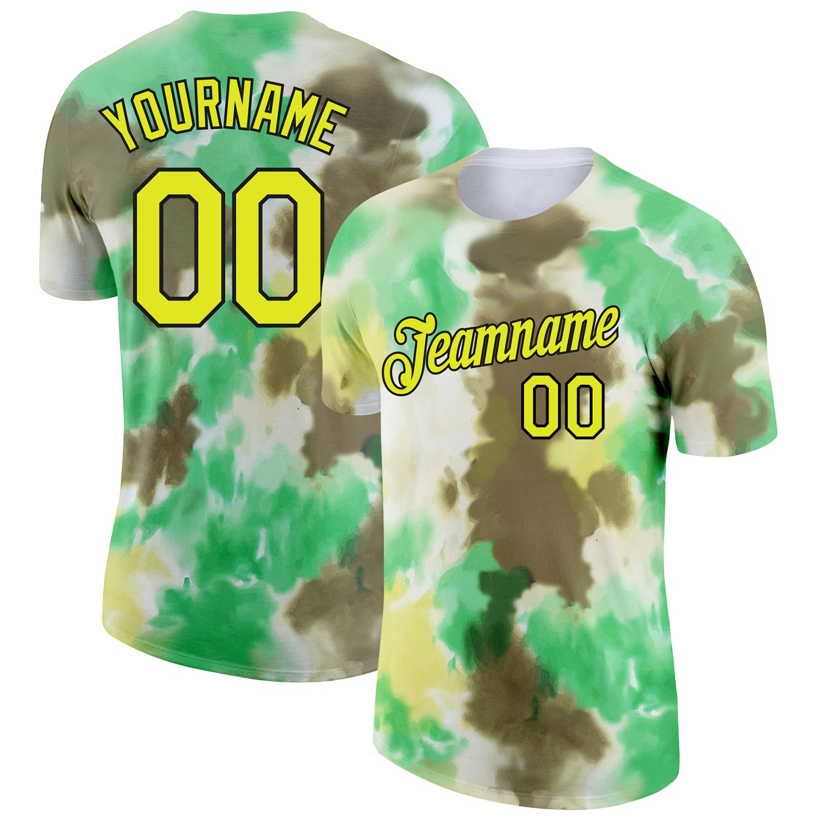 Custom Team Name and Number 3D Performance T-Shirt - Neon Yellow Black Tie Dye Personalized Tie Dye Neon Yellow-Black 3D