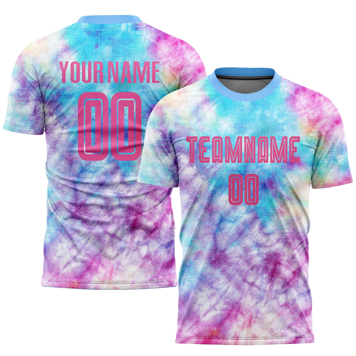 Custom Tie Dye Soccer Jersey with Personalized Name and Number in Pink and Light Blue Personalized Tie Dye Pink-Light Blue