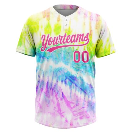 Custom Name and Number Tie Dye Rainbow Softball Jersey Unisex Pink-Purple 3D Two-Button Personalized Tie Dye Pink-Purple