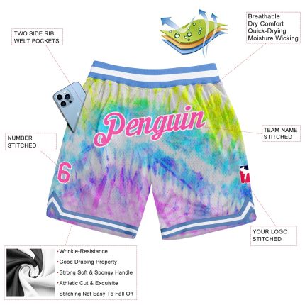 Custom Name Number Personalized Tie Dye Basketball Shorts 3D Authentic Pink White Team Sports Wear Personalized Tie Dye Pink-White