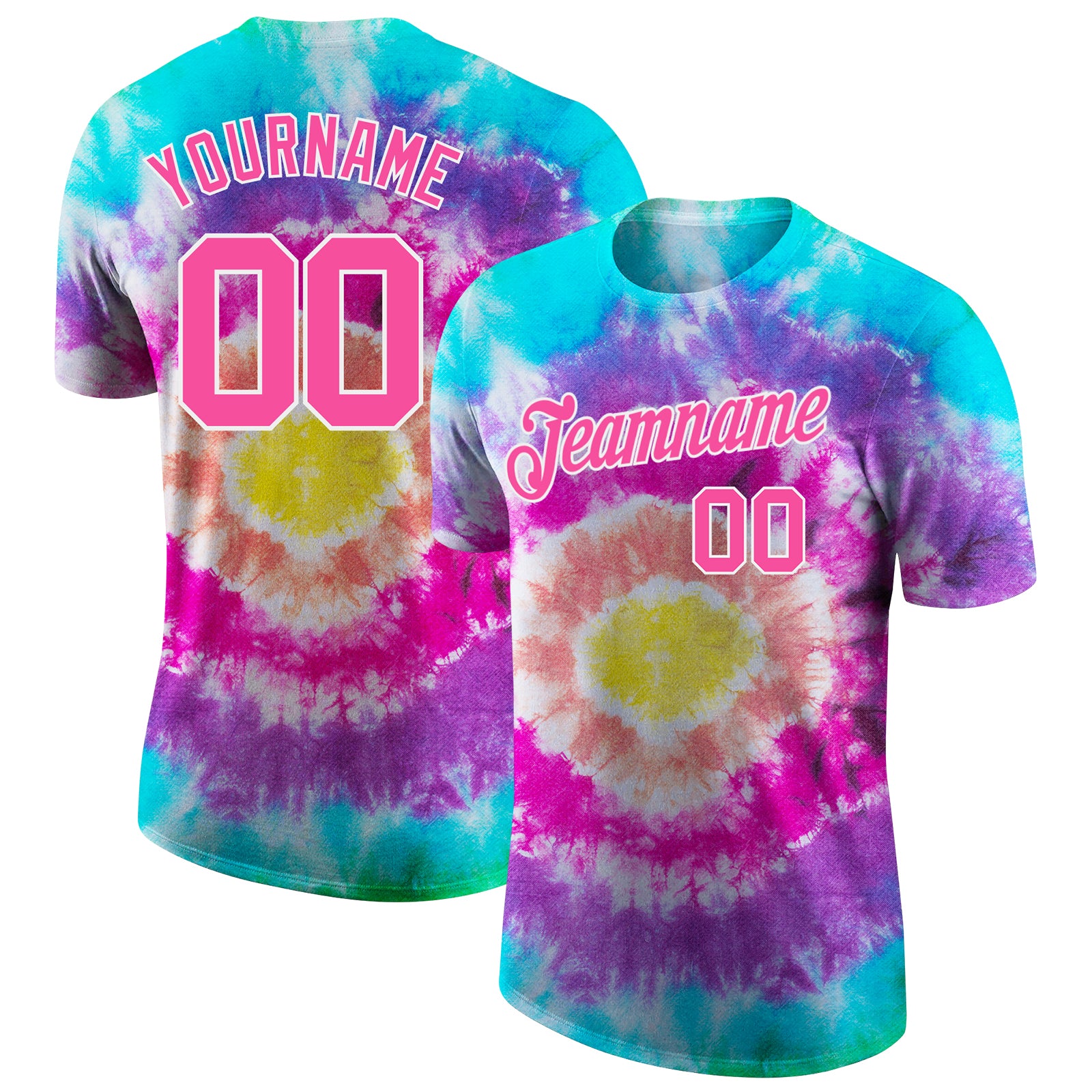 Custom Team Tie Dye Performance T-Shirt with Name and Number - Pink-White 3D Design Personalized Tie Dye Pink-White 3D Performance