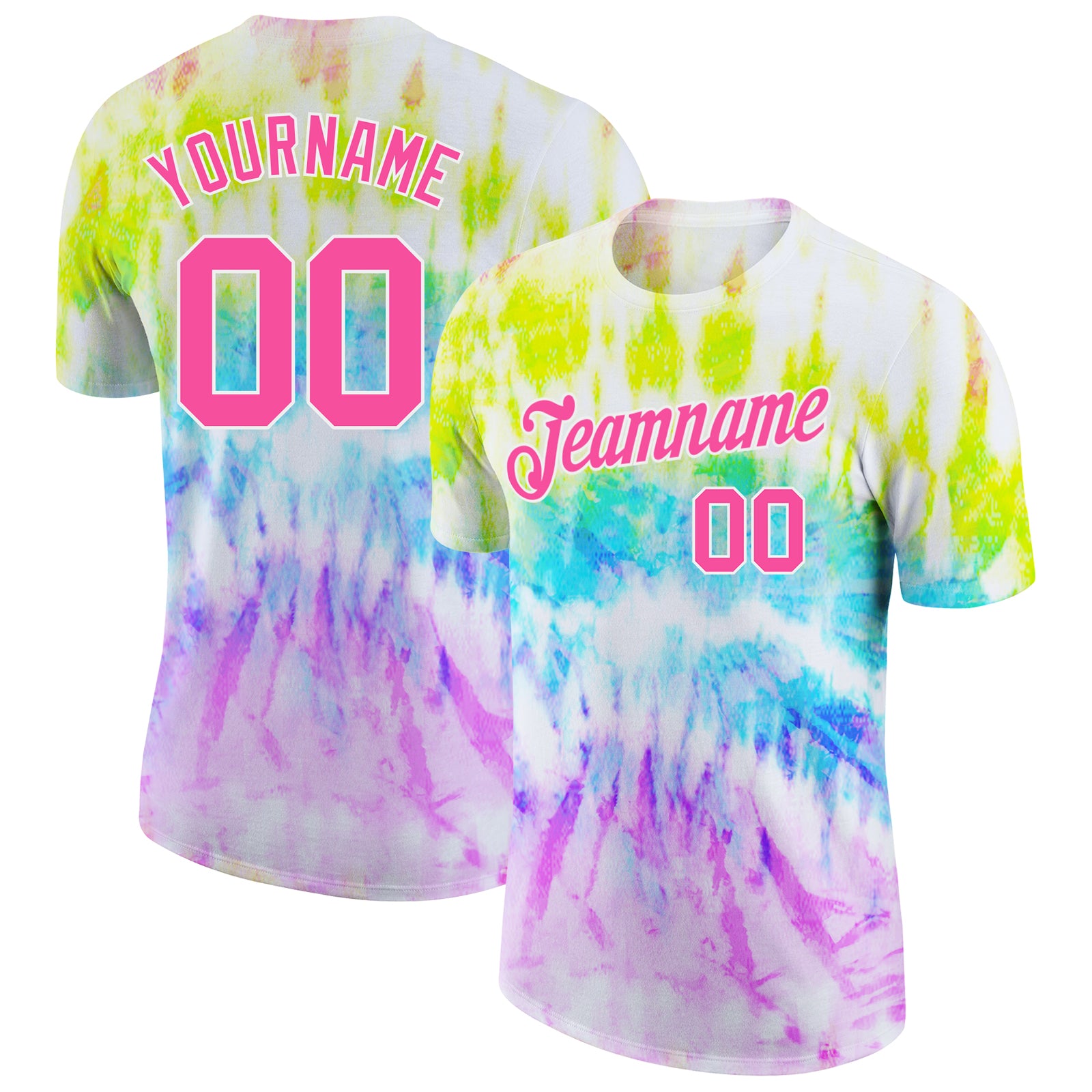 Custom Tie Dye 3D Rainbow Performance T-Shirt with Name and Number - Pink and White Team Apparel Personalized Tie Dye Pink-White