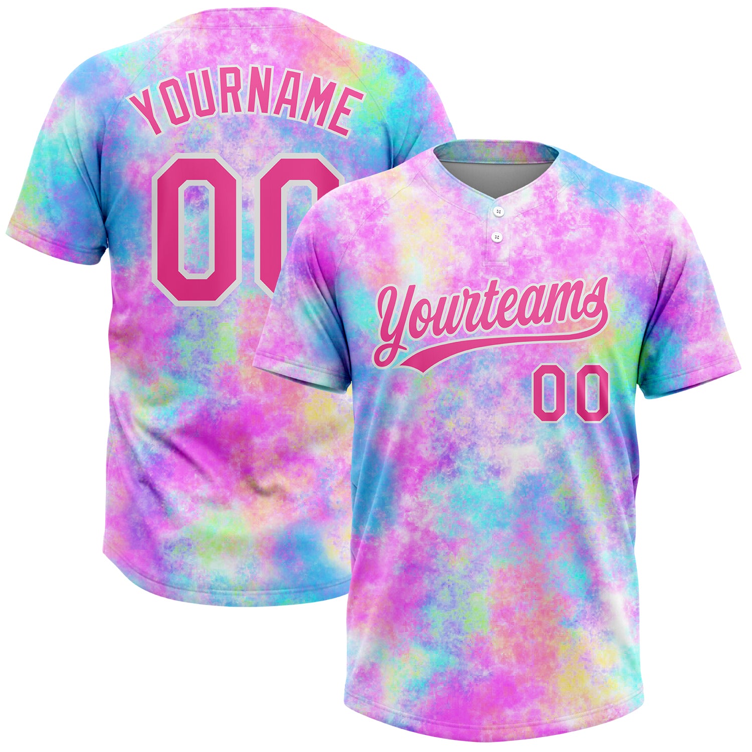Custom Name and Number Unisex Tie Dye Softball Jersey Pink-White 3D Watercolor Gradient Two-Button Design Personalized Tie