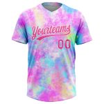 Custom Name and Number Unisex Tie Dye Softball Jersey Pink-White 3D Watercolor Gradient Two-Button Design Personalized Tie