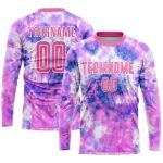 Custom pink and white tie-dye soccer jersey, detail of the printed panel
