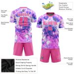 Custom pink and white tie-dye soccer jersey, flat lay