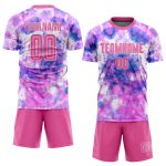 Custom pink and white tie-dye soccer jersey, back view