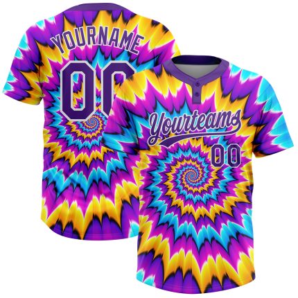 Custom Name and Number Personalized Tie Dye Softball Jersey Unisex 3D Purple White Two-Button Personalized Tie Dye Purple-White