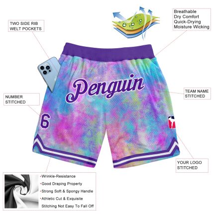 Custom Tie Dye Purple White Basketball Shorts with 3D Watercolor Gradient - Personalized Team Name & Number Personalized