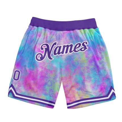Custom Tie Dye Purple White Basketball Shorts with 3D Watercolor Gradient - Personalized Team Name & Number Personalized