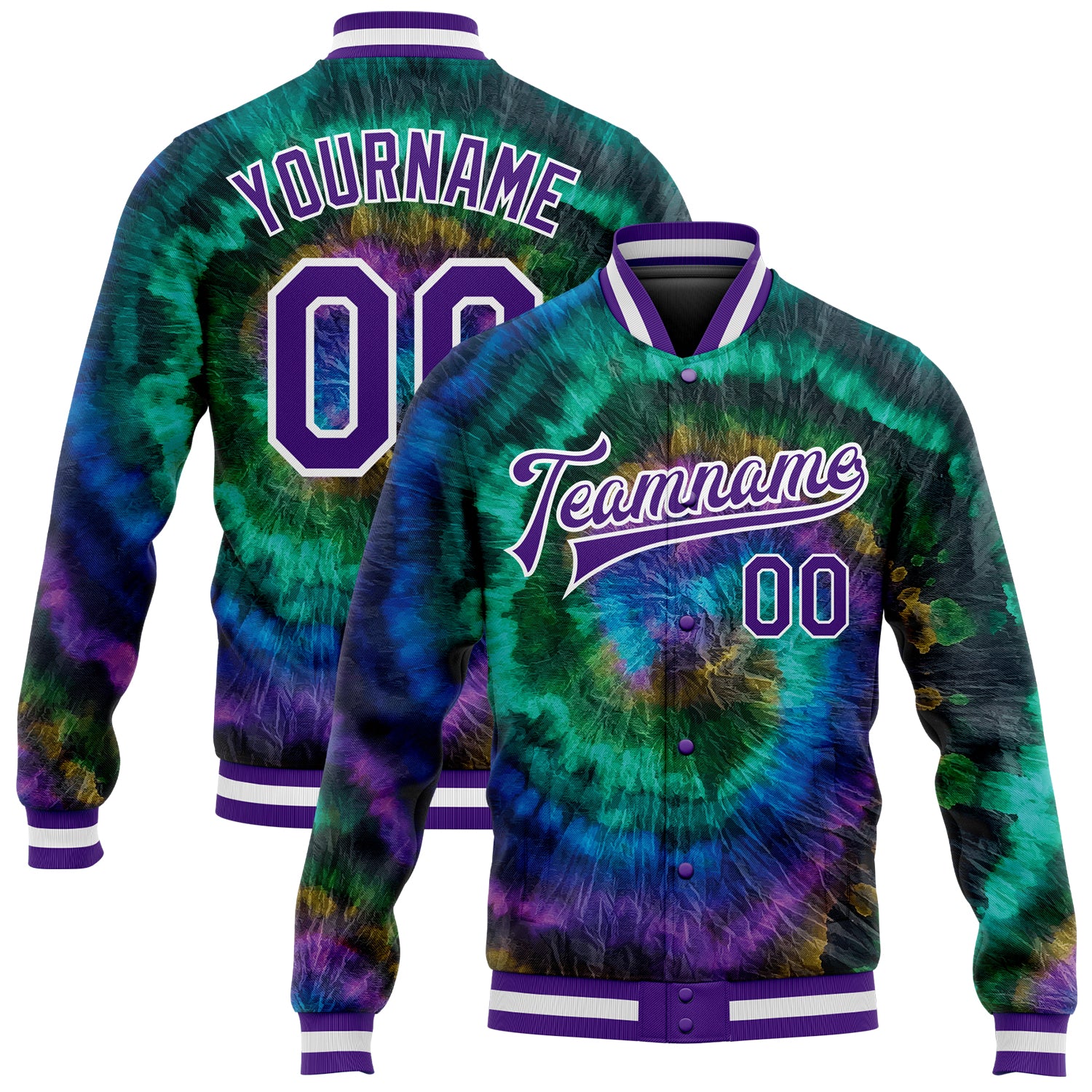 Custom Name Number Tie Dye Bomber Jacket Purple-White 3D Varsity Letterman Full-Snap Team Personalize Your Style Personalized