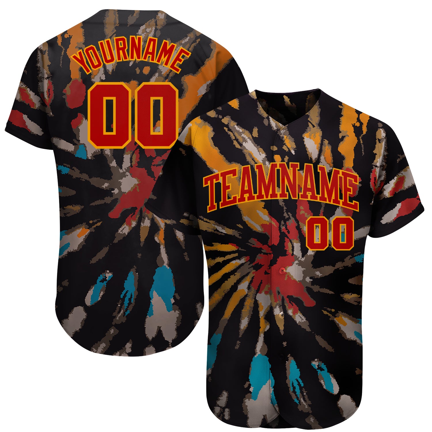 Custom Name Number 3D Authentic Tie Dye Red-Gold Baseball Jersey - Personalized Team Apparel Personalized Tie Dye Red-Gold