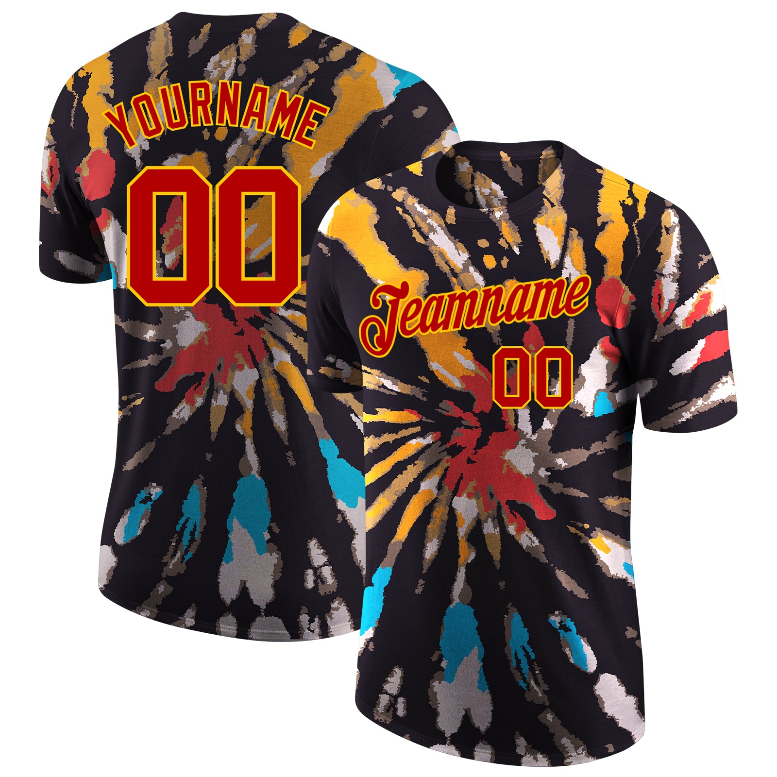 Custom Name Number Tie Dye Performance T-Shirt Red Gold 3D Design for Teams Personalized Tie Dye Red-Gold 3D Performance