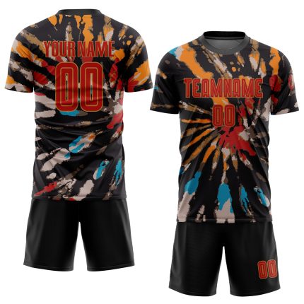 Custom Tie Dye Soccer Uniform Jersey - Red Old Gold Sublimation with Personalized Name and Number Personalized Tie Dye Red-Old