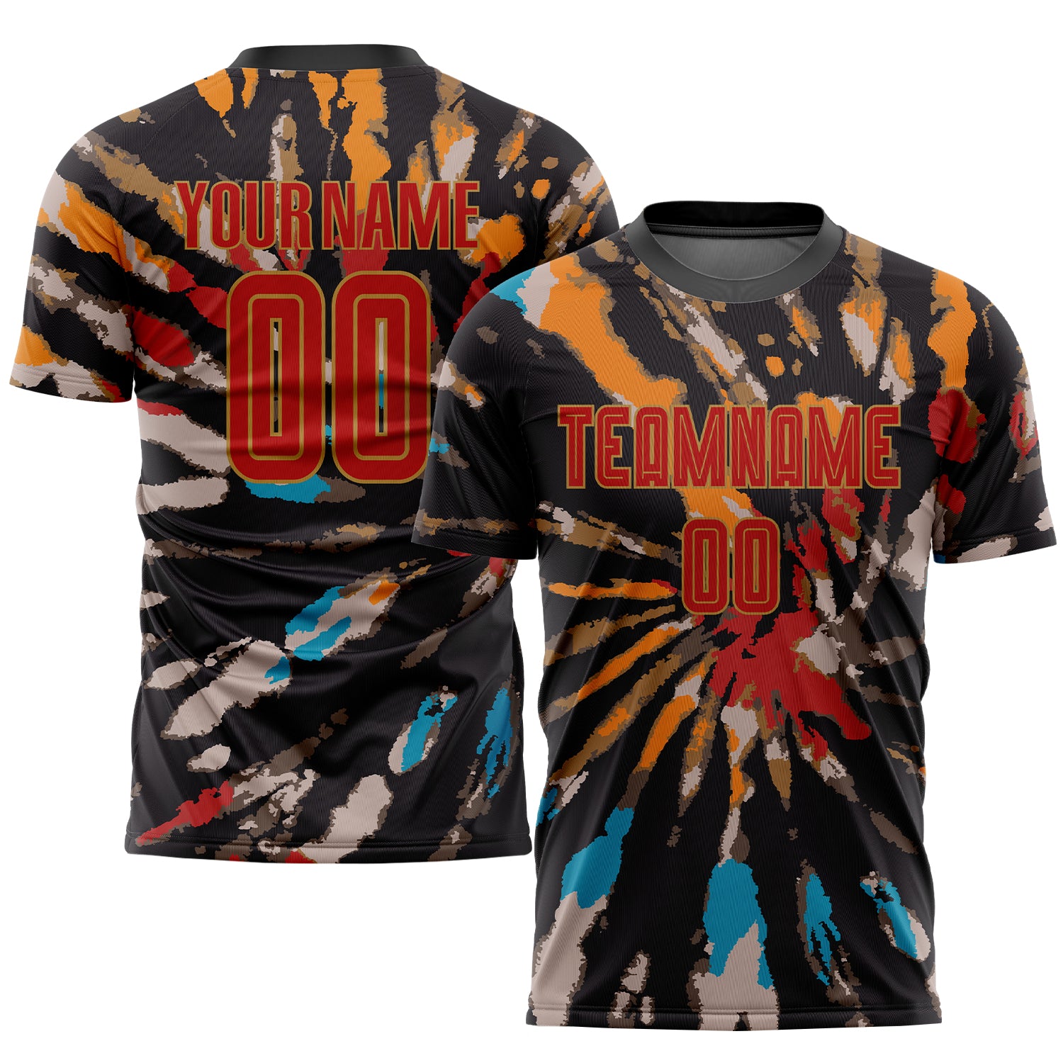 Custom Tie Dye Soccer Uniform Jersey - Red Old Gold Sublimation with Personalized Name and Number Personalized Tie Dye Red-Old