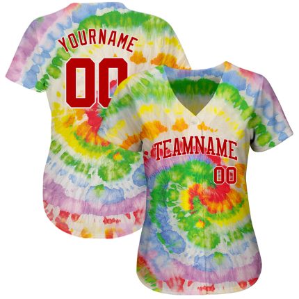 Custom 3D Tie Dye Baseball Jersey - Red and White Authentic Design Personalized Tie Dye Red-White 3D Authentic Baseball Jersey