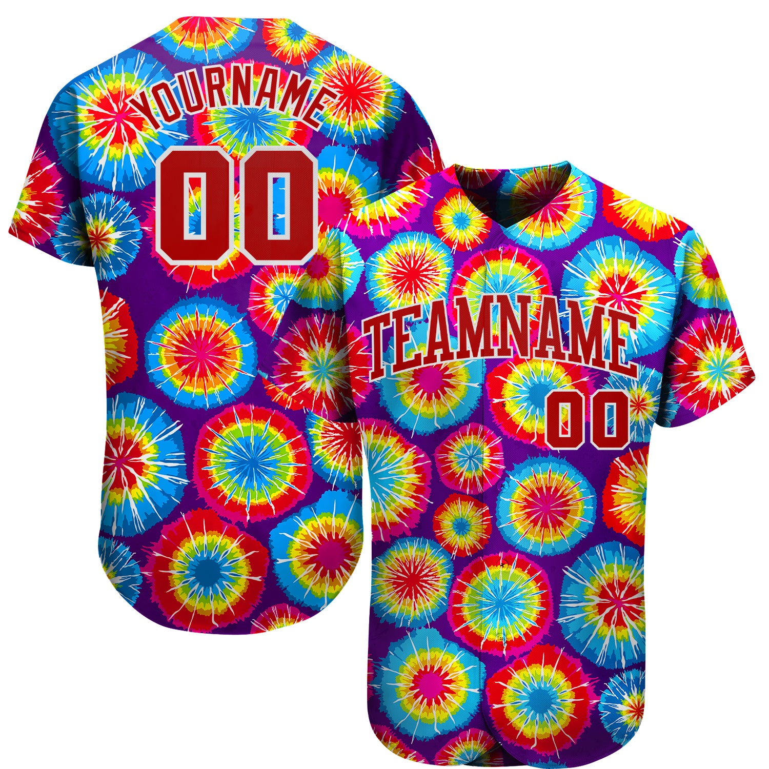 Custom Team Name and Number Personalized Red-White Tie Dye 3D Baseball Jersey Personalized Tie Dye Red-White 3D Authentic