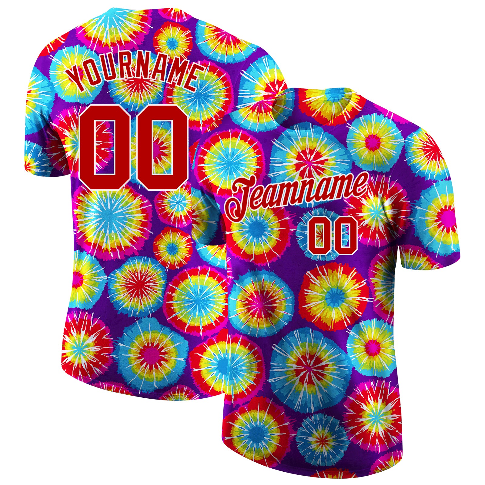 Custom Team Name & Number Tie Dye T-Shirt Red White 3D Performance Apparel Personalized Tie Dye Red-White 3D Performance
