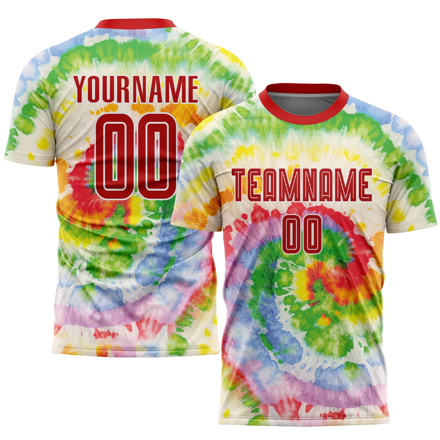 Custom Tie Dye Soccer Uniform Jersey with Red-White Sublimation, Personalized Name and Number Personalized Tie Dye Red-White