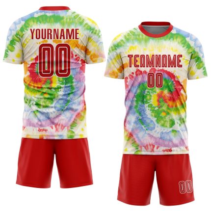 Custom Tie Dye Soccer Uniform Jersey with Red-White Sublimation, Personalized Name and Number Personalized Tie Dye Red-White