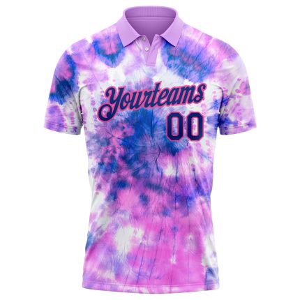Custom Team Name Number Tie Dye Golf Polo Shirt Royal-Pink 3D Performance - Personalized Apparel Personalized Tie Dye Royal-Pink