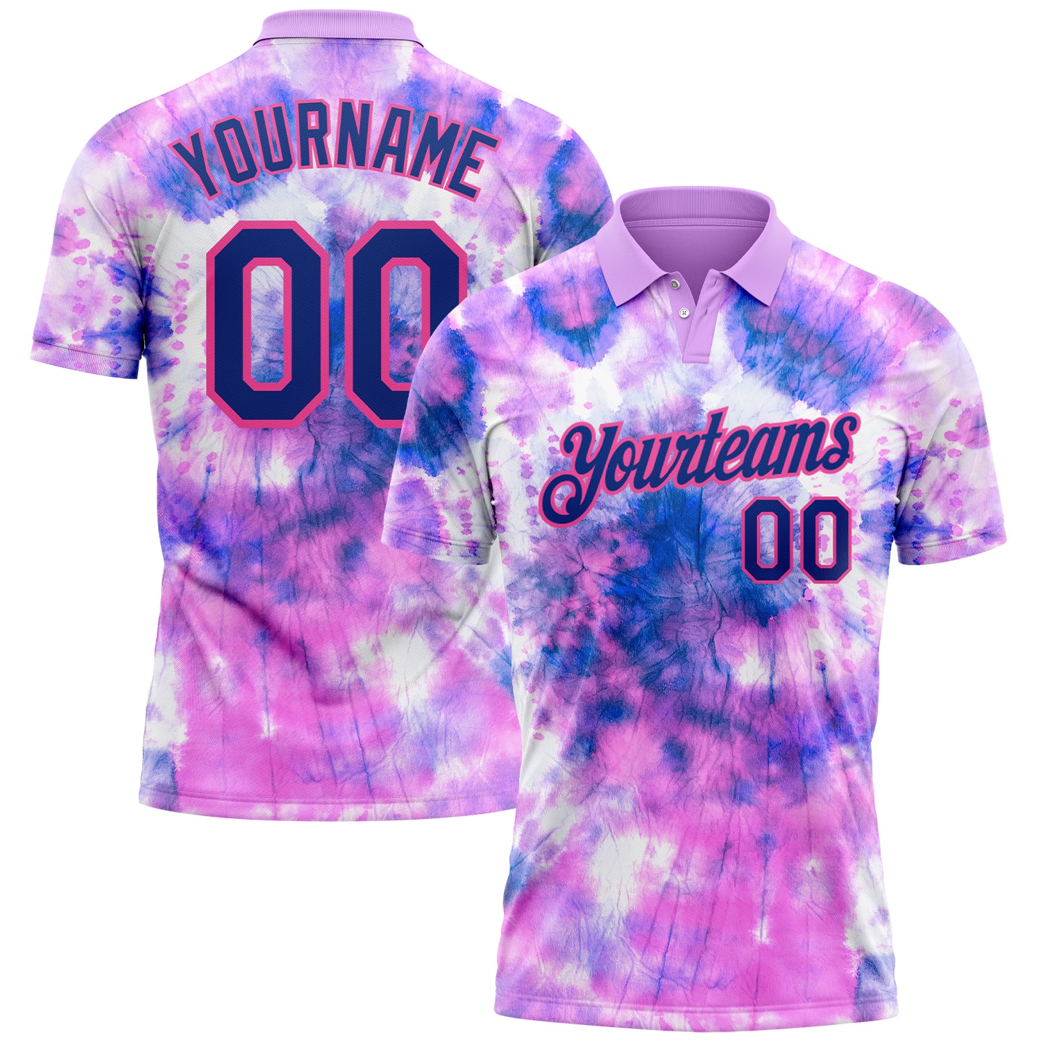 Custom Team Name Number Tie Dye Golf Polo Shirt Royal-Pink 3D Performance - Personalized Apparel Personalized Tie Dye Royal-Pink