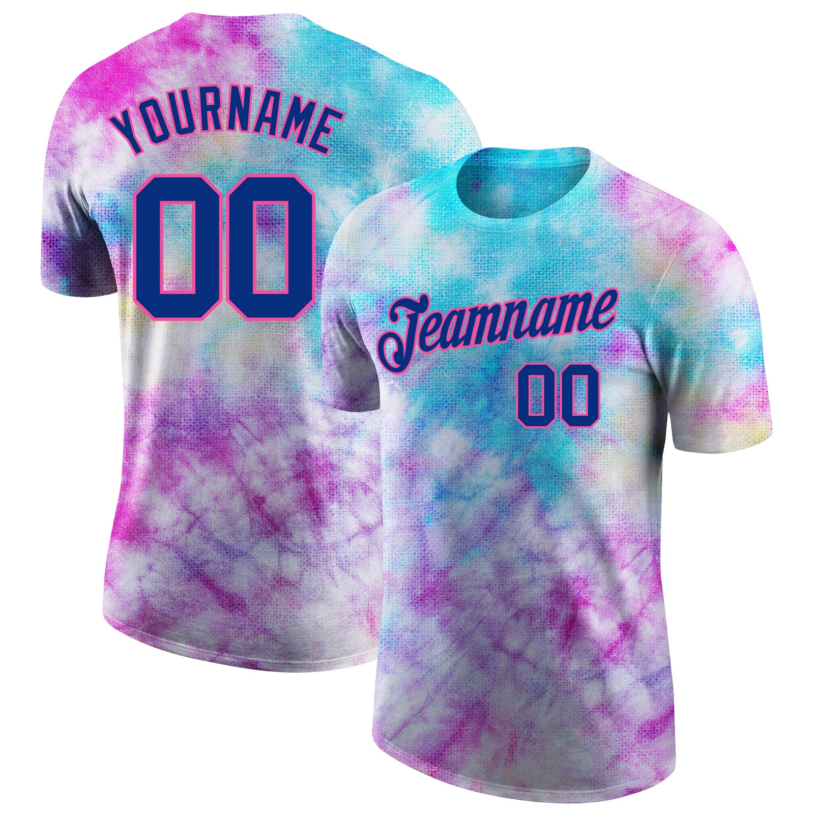 Custom Team Name Number 3D Performance T-Shirt in Royal-Pink Tie Dye - Personalized Athletic Apparel Personalized Tie Dye