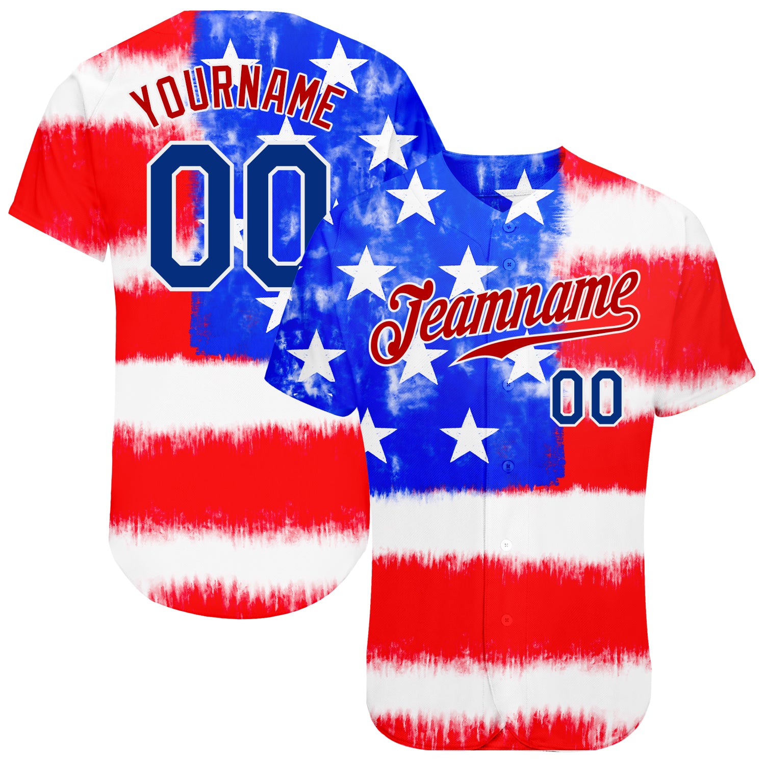 Custom Name and Number Personalized 3D American Flag Tie Dye Baseball Jersey - Royal Red Personalized Tie Dye Royal-Red 3D