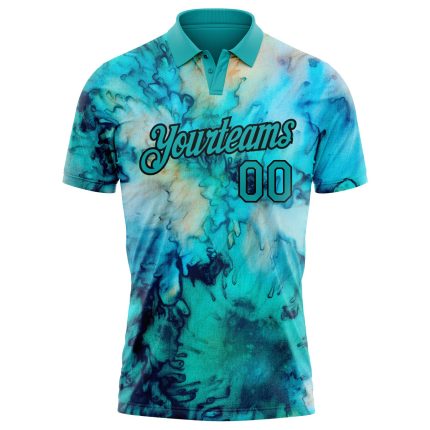Custom Name Number Personalized Tie Dye Teal Black 3D Golf Polo Shirt Performance Team Apparel Personalized Tie Dye Teal-Black