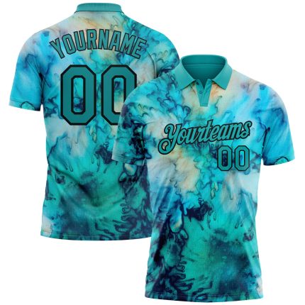 Custom Name Number Personalized Tie Dye Teal Black 3D Golf Polo Shirt Performance Team Apparel Personalized Tie Dye Teal-Black