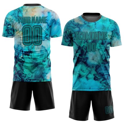 Custom Team Name Number Tie Dye Teal Black Soccer Jersey Personalized Sublimation Uniform 7419 Personalized Tie Dye Teal-Black