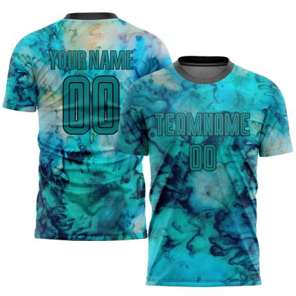 Custom Name and Number Tie Dye Soccer Uniform Jersey Teal-Black Sublimation Team Wear Personalized Tie Dye Teal-Black Sublimation