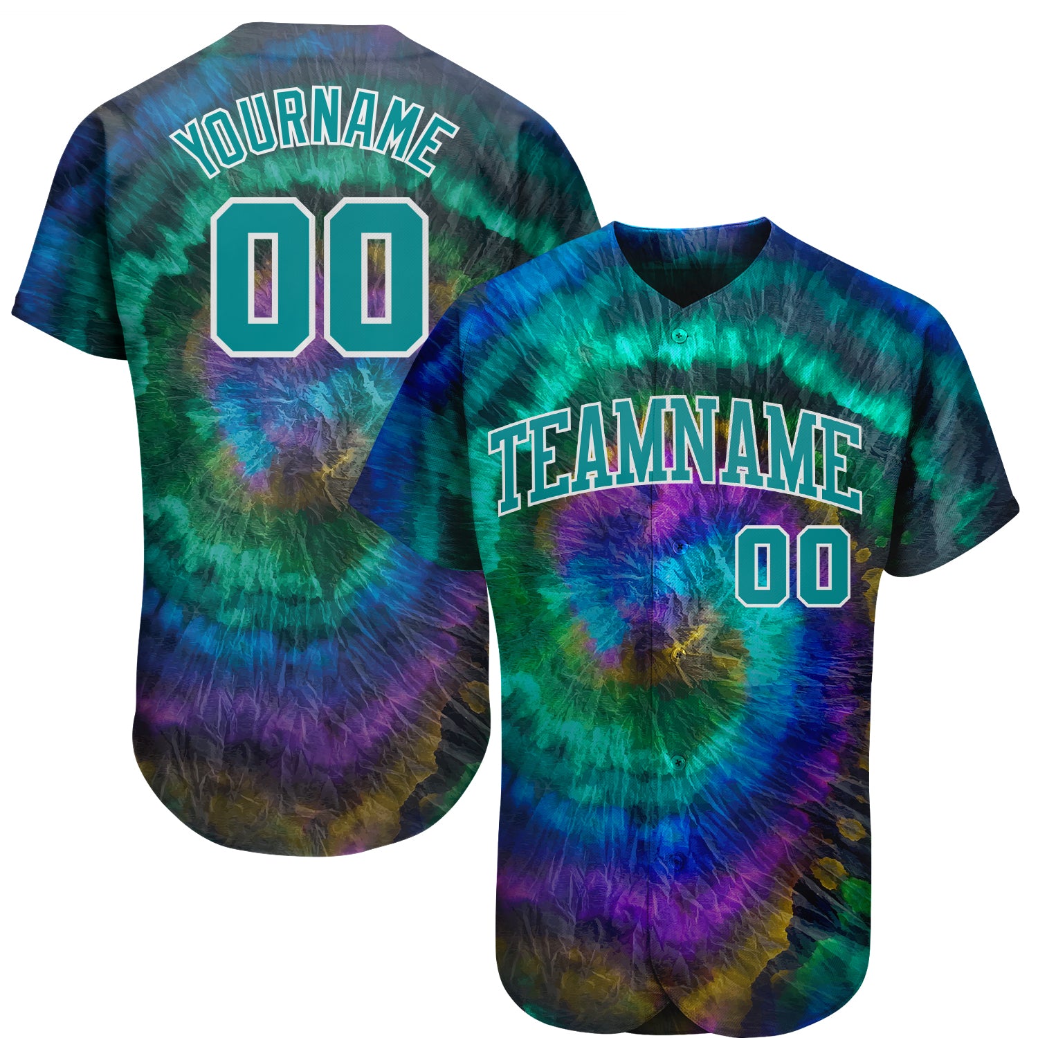 Custom Name and Number 3D Baseball Jersey - Personalized Tie Dye Teal-White Authentic Design Personalized Tie Dye Teal-White