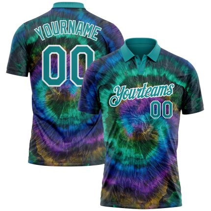 Custom Name Number 3D Performance Golf Polo Shirt - Personalized Tie Dye Teal-White Design Personalized Tie Dye Teal-White