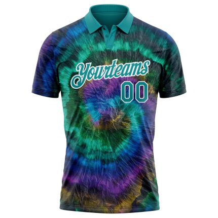 Custom Name Number 3D Performance Golf Polo Shirt - Personalized Tie Dye Teal-White Design Personalized Tie Dye Teal-White